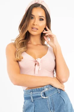 Rebellious Fashion Light Pink Detail Tie Extreme Cropped Top - Trista