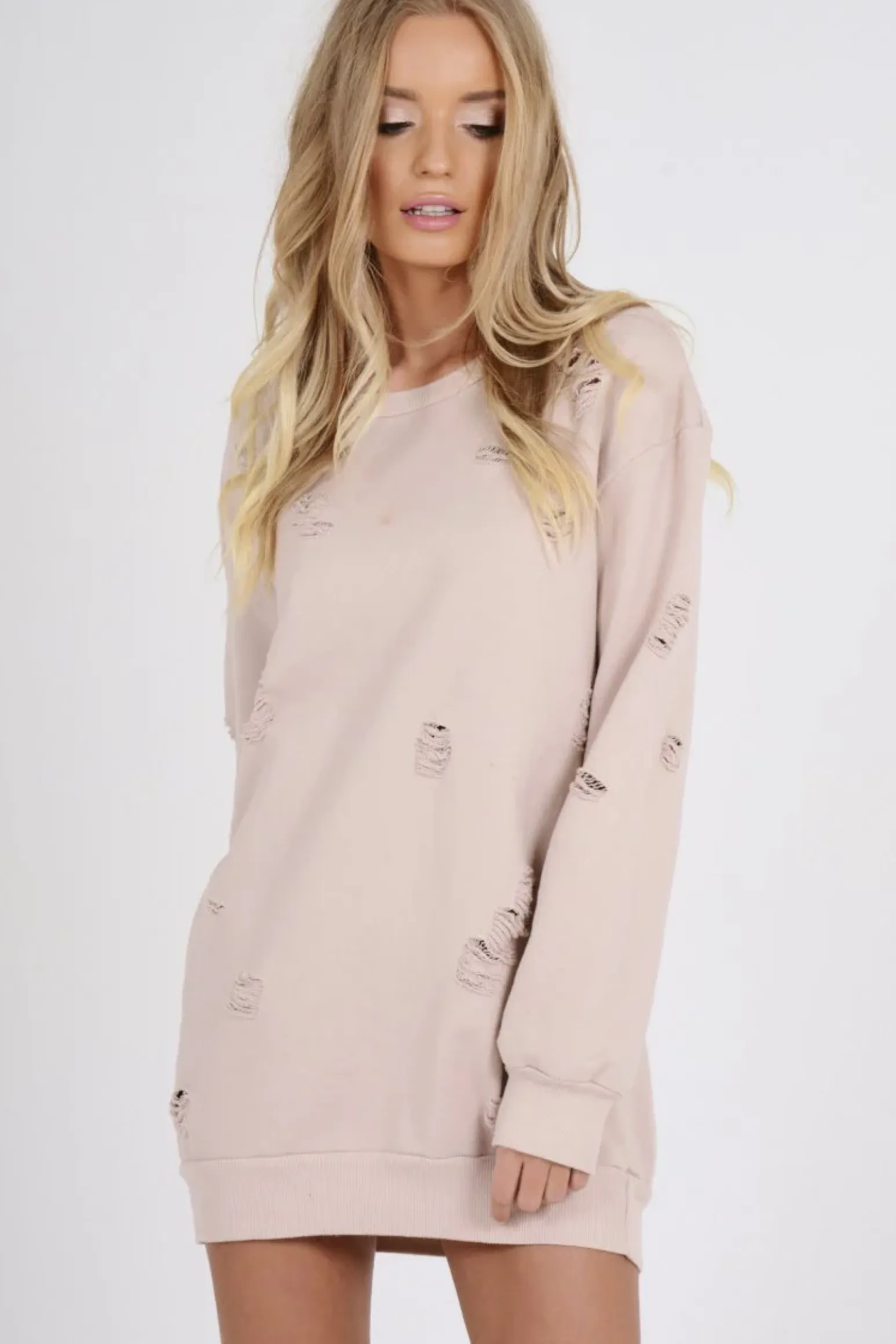 Rebellious Fashion Light Pink Distressed Detail Sweatshirt Jumper Dress - Ivy