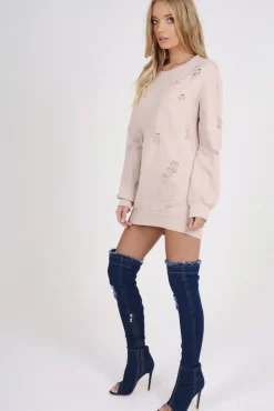 Rebellious Fashion Light Pink Distressed Detail Sweatshirt Jumper Dress - Ivy