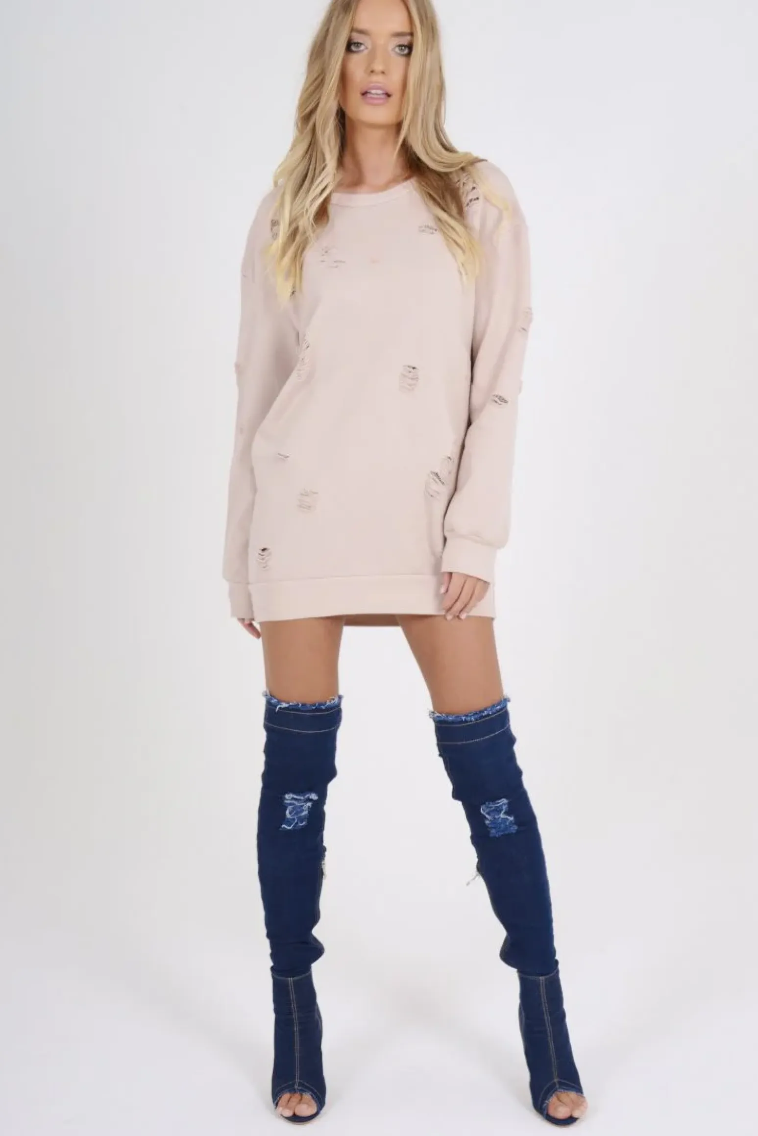 Rebellious Fashion Light Pink Distressed Detail Sweatshirt Jumper Dress - Ivy