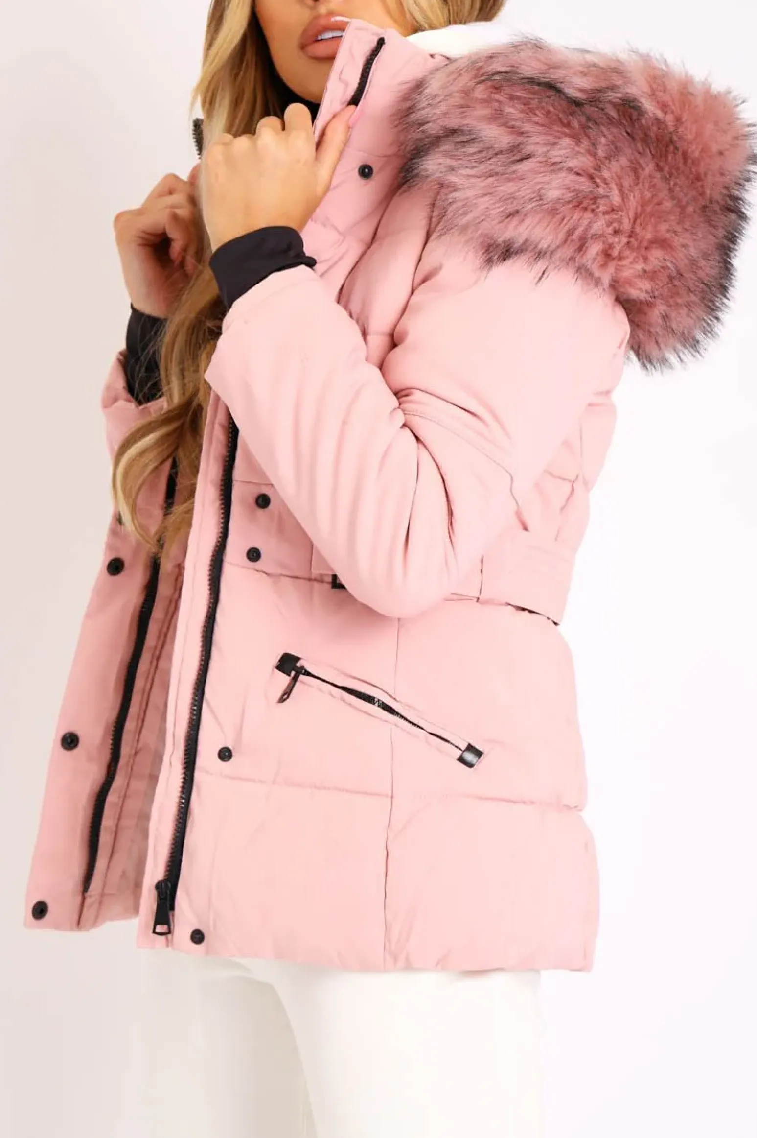 Rebellious Fashion Light Pink Fur Trim Adjustable Waist Puffer Coat - Rossie