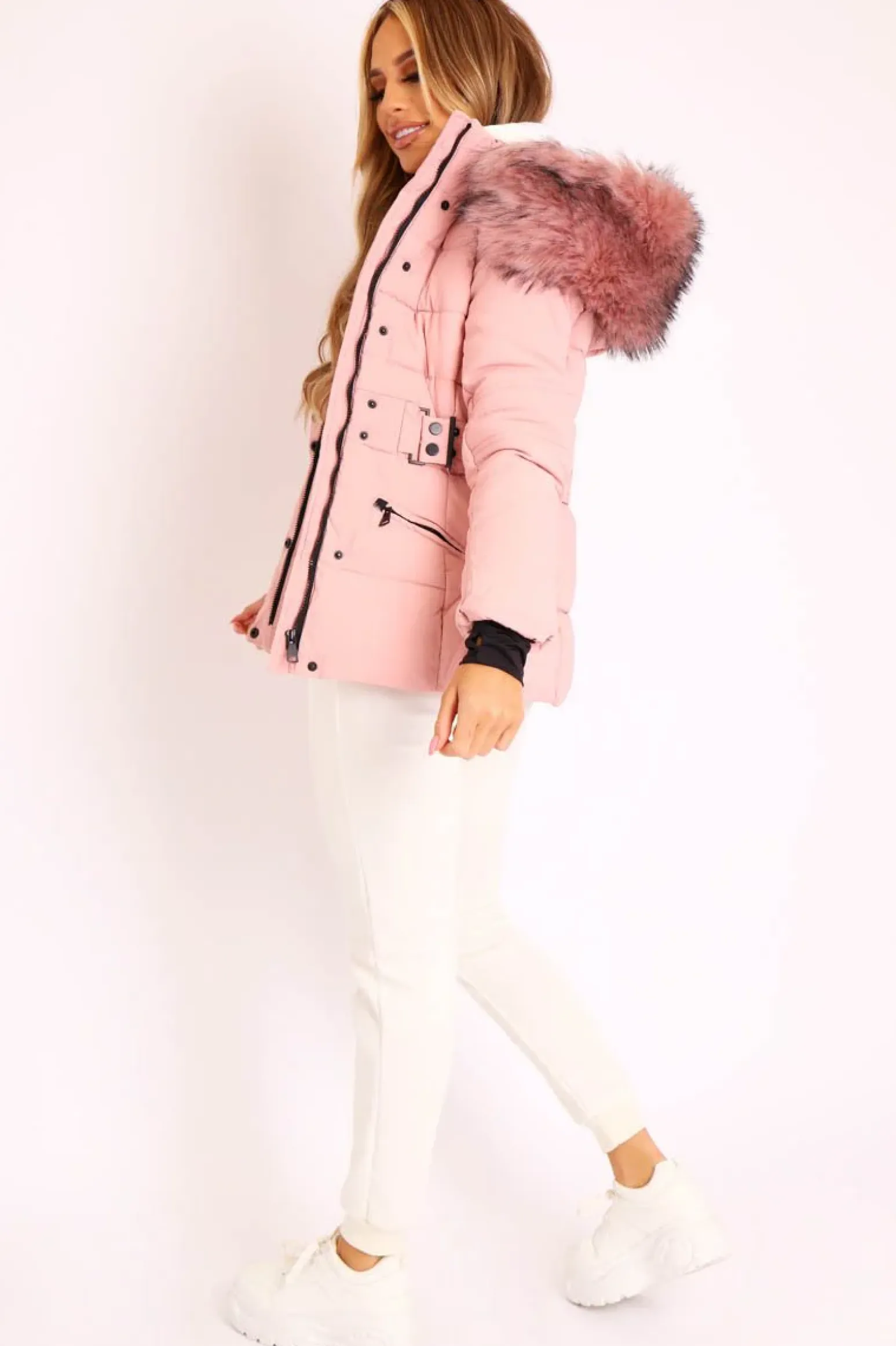 Rebellious Fashion Light Pink Fur Trim Adjustable Waist Puffer Coat - Rossie