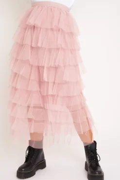 Rebellious Fashion Light Pink High Waisted Tulle Ruffle Midi Skirt - Aaliyana