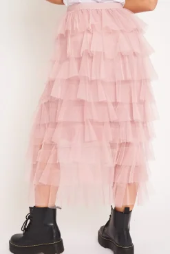 Rebellious Fashion Light Pink High Waisted Tulle Ruffle Midi Skirt - Aaliyana