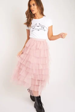 Rebellious Fashion Light Pink High Waisted Tulle Ruffle Midi Skirt - Aaliyana