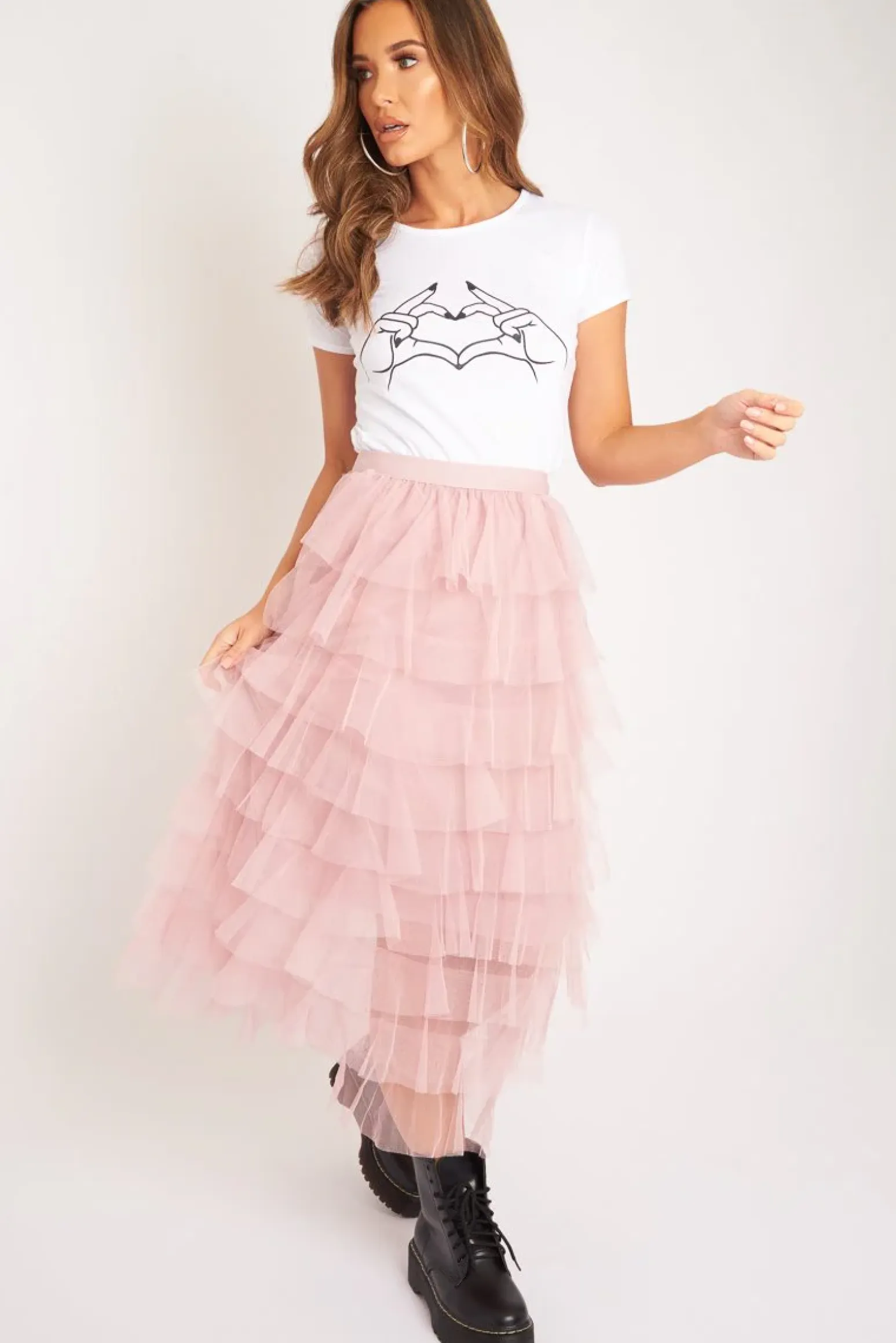 Rebellious Fashion Light Pink High Waisted Tulle Ruffle Midi Skirt - Aaliyana