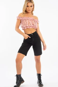 Rebellious Fashion Light Pink Polka Mesh Frill Bardot Crop Top - Wrenlee
