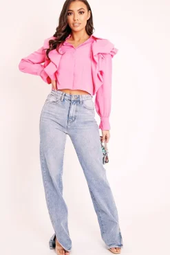 Rebellious Fashion Light Pink Ruffle Shoulder Cropped Shirt - Fiorella
