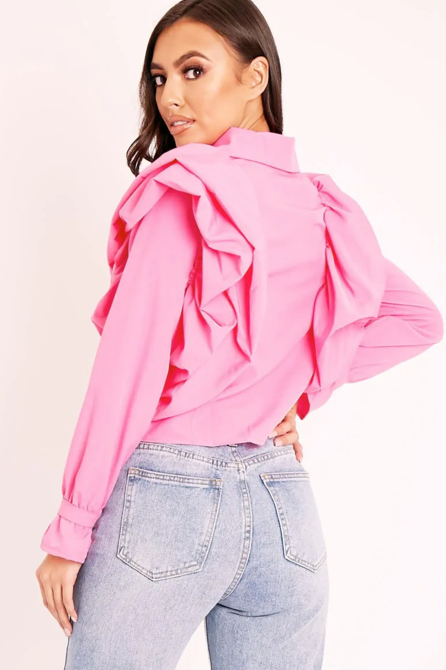 Rebellious Fashion Light Pink Ruffle Shoulder Cropped Shirt - Fiorella