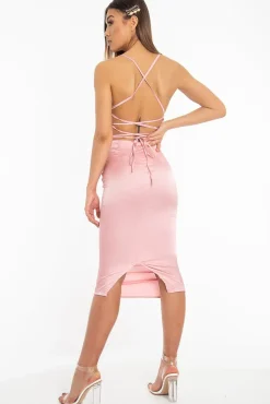 Rebellious Fashion Light Pink Satin Cowl Neck Midi Bodycon Dress - Liliana