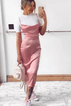 Rebellious Fashion Light Pink Satin Cowl Neck Midi Bodycon Dress - Liliana