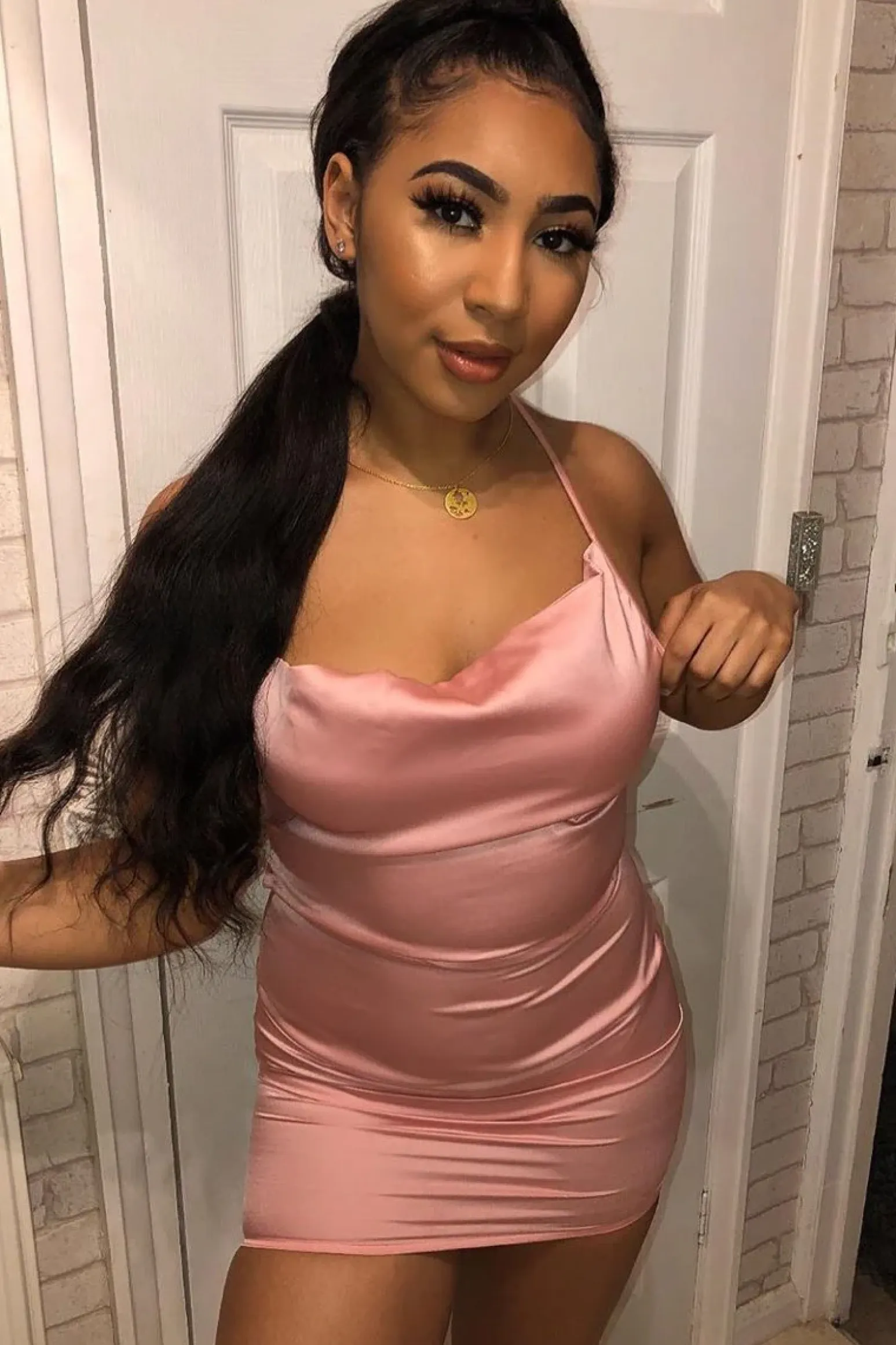 Rebellious Fashion Light Pink Satin Lace Up Bodycon Mini Dress - Sira