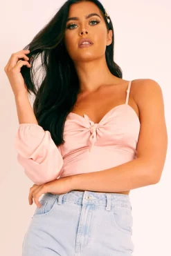 Rebellious Fashion Light Pink Satin Tie Detail One Sleeve Crop Top - Joni
