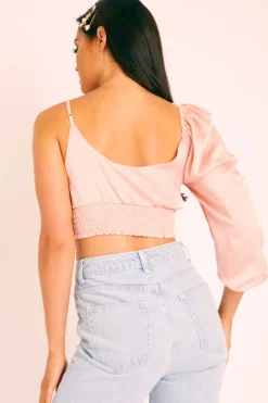 Rebellious Fashion Light Pink Satin Tie Detail One Sleeve Crop Top - Joni