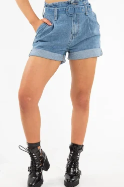 Rebellious Fashion Light Wash Belted High Waist Paper Bag Shorts - Everlei