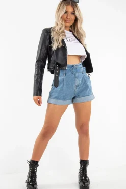 Rebellious Fashion Light Wash Belted High Waist Paper Bag Shorts - Everlei