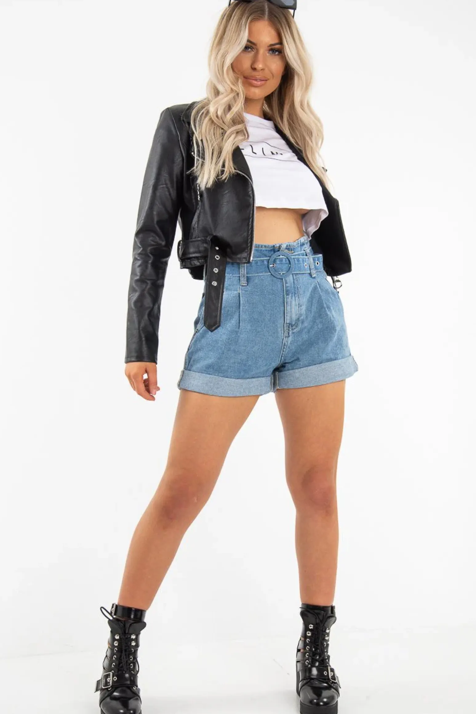 Rebellious Fashion Light Wash Belted High Waist Paper Bag Shorts - Everlei