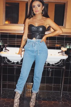 Rebellious Fashion Light Wash Blue Denim Tie Waist Paperbag Jeans - Lylee