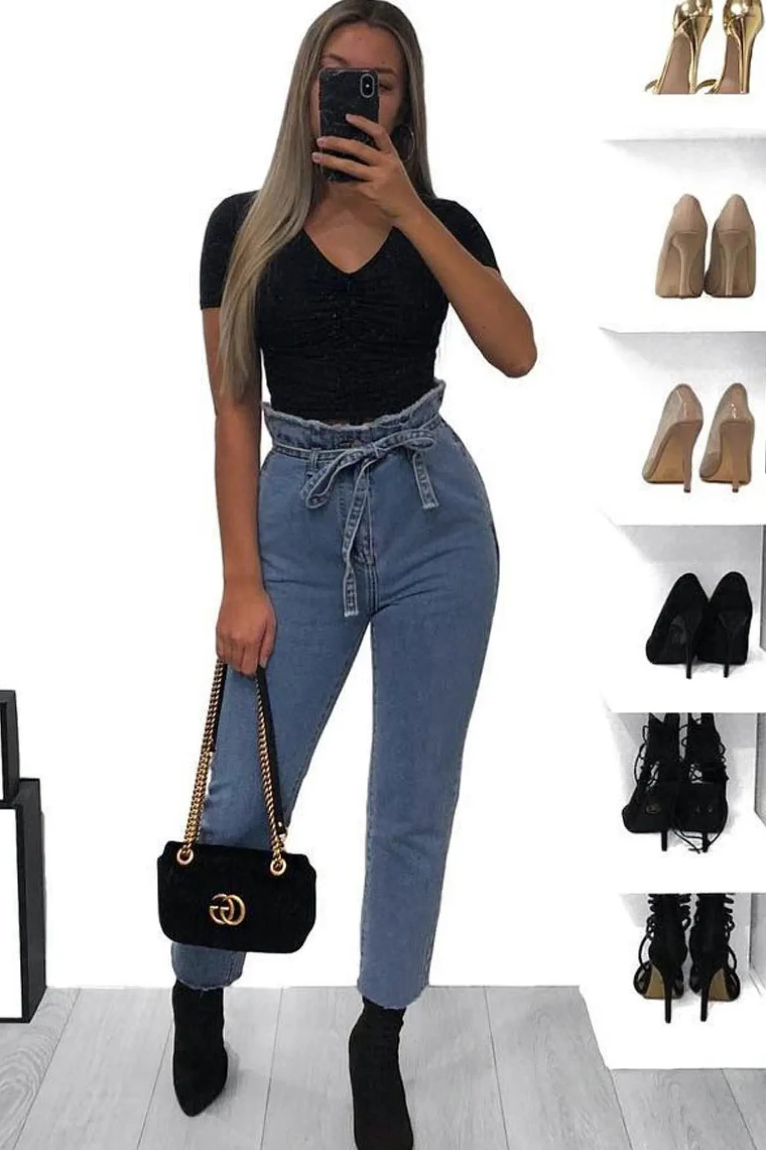 Rebellious Fashion Light Wash Blue Denim Tie Waist Paperbag Jeans - Lylee