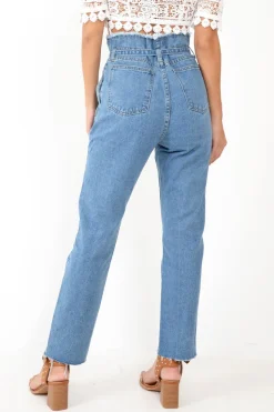 Rebellious Fashion Light Wash Blue Denim Tie Waist Paperbag Jeans - Lylee