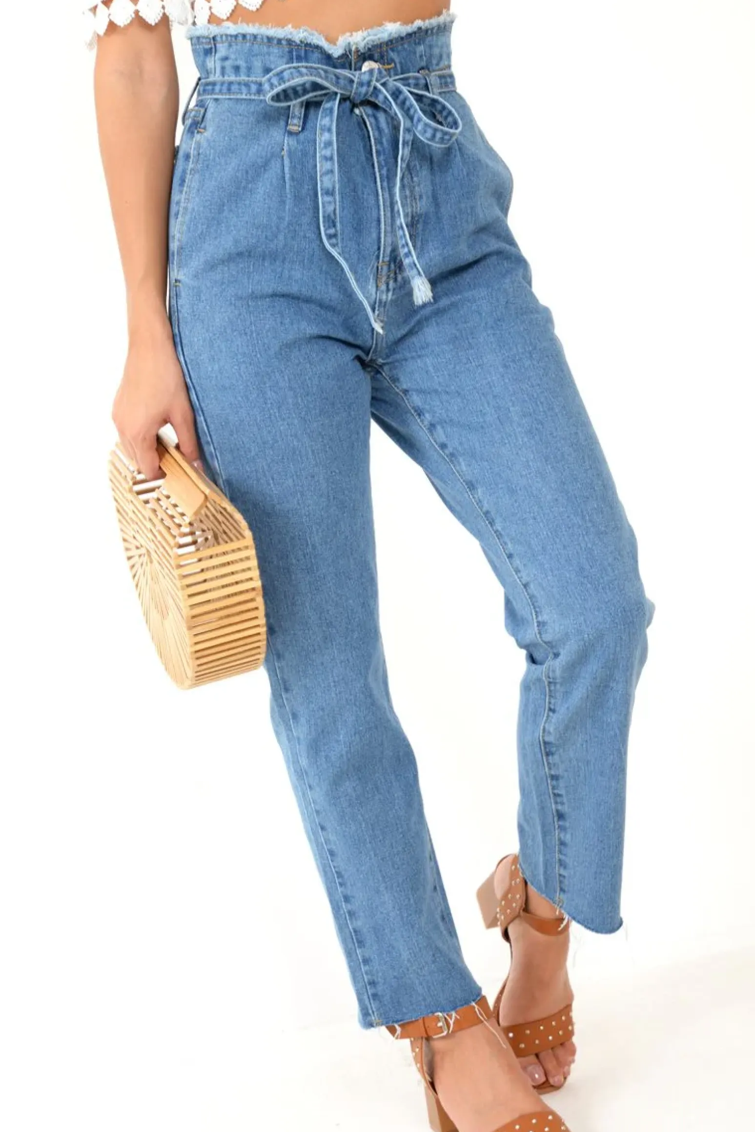 Rebellious Fashion Light Wash Blue Denim Tie Waist Paperbag Jeans - Lylee