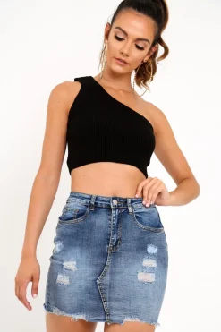 Rebellious Fashion Light Wash Blue Distressed Denim Skirt - Blakelyn