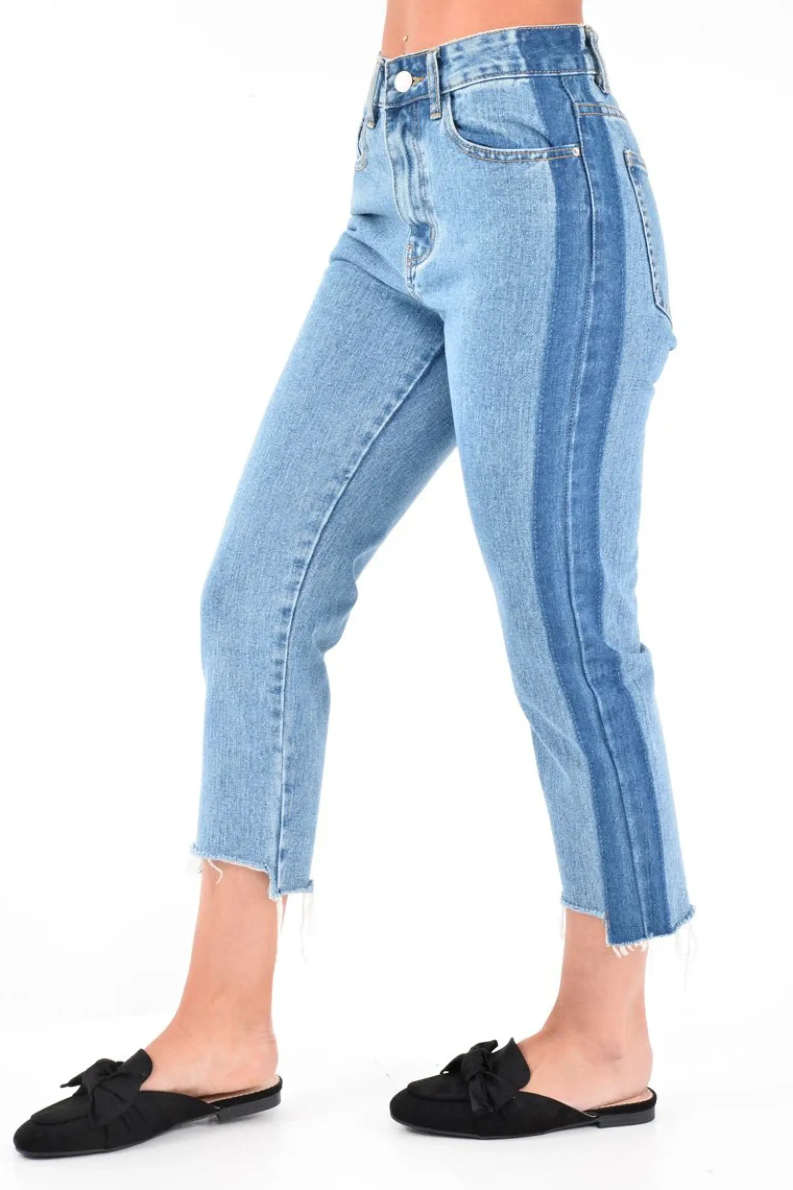 Rebellious Fashion Light Wash Colour Block Fray Hem Jeans - Rhya