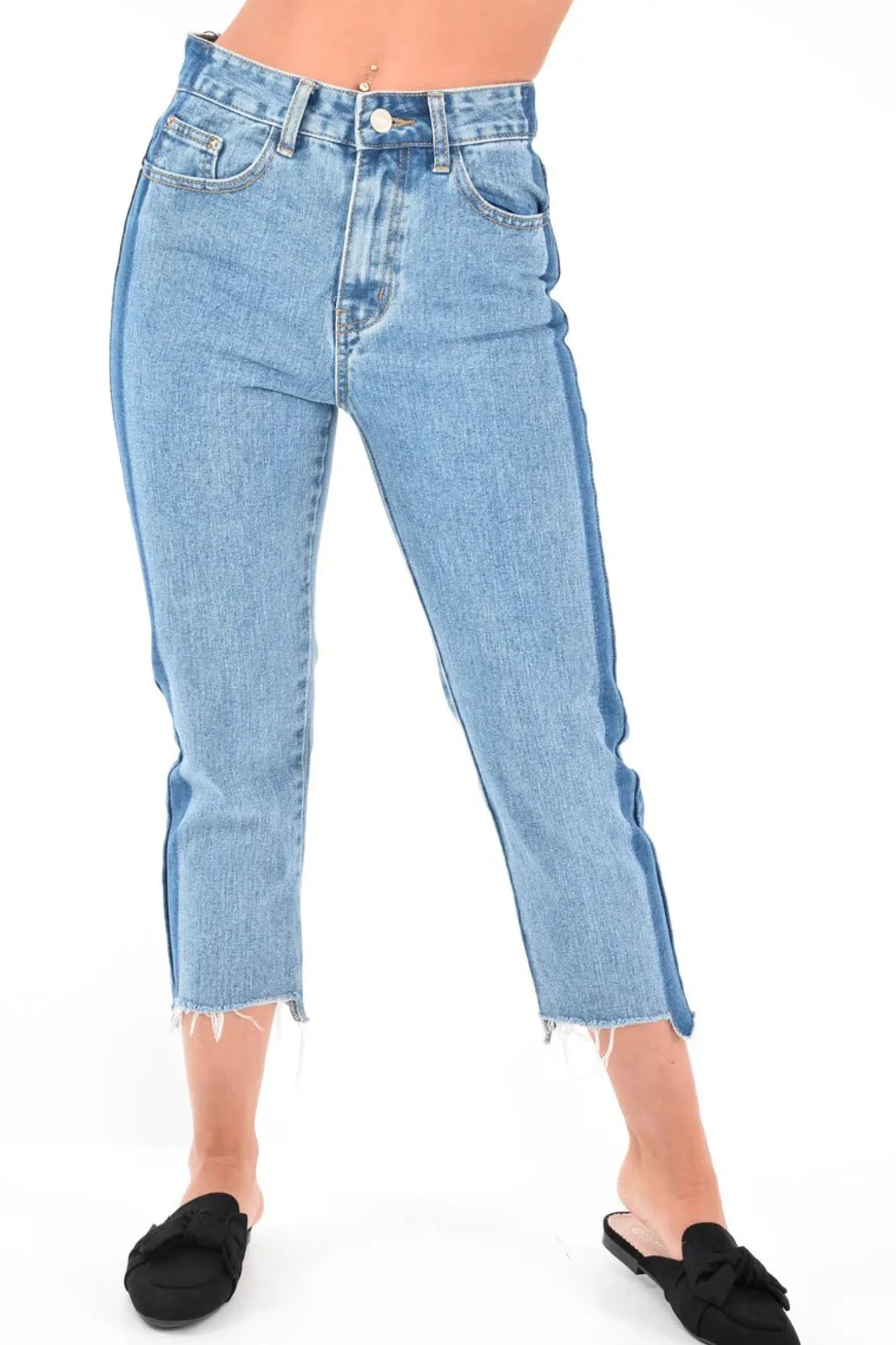Rebellious Fashion Light Wash Colour Block Fray Hem Jeans - Rhya