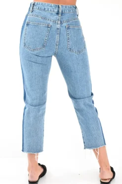 Rebellious Fashion Light Wash Colour Block Fray Hem Jeans - Rhya