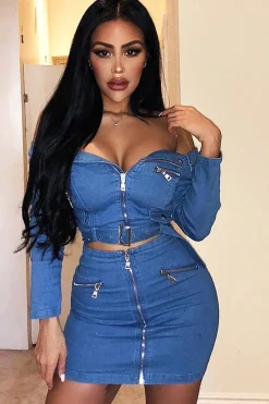 Rebellious Fashion Light Wash Denim Biker Crop Top Skirt Co-Ord - Meika