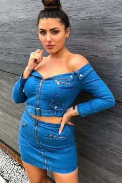 Rebellious Fashion Light Wash Denim Biker Crop Top Skirt Co-Ord - Meika