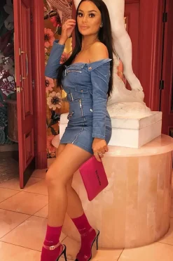 Rebellious Fashion Light Wash Denim Biker Crop Top Skirt Co-Ord - Meika