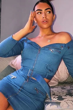Rebellious Fashion Light Wash Denim Biker Crop Top Skirt Co-Ord - Meika