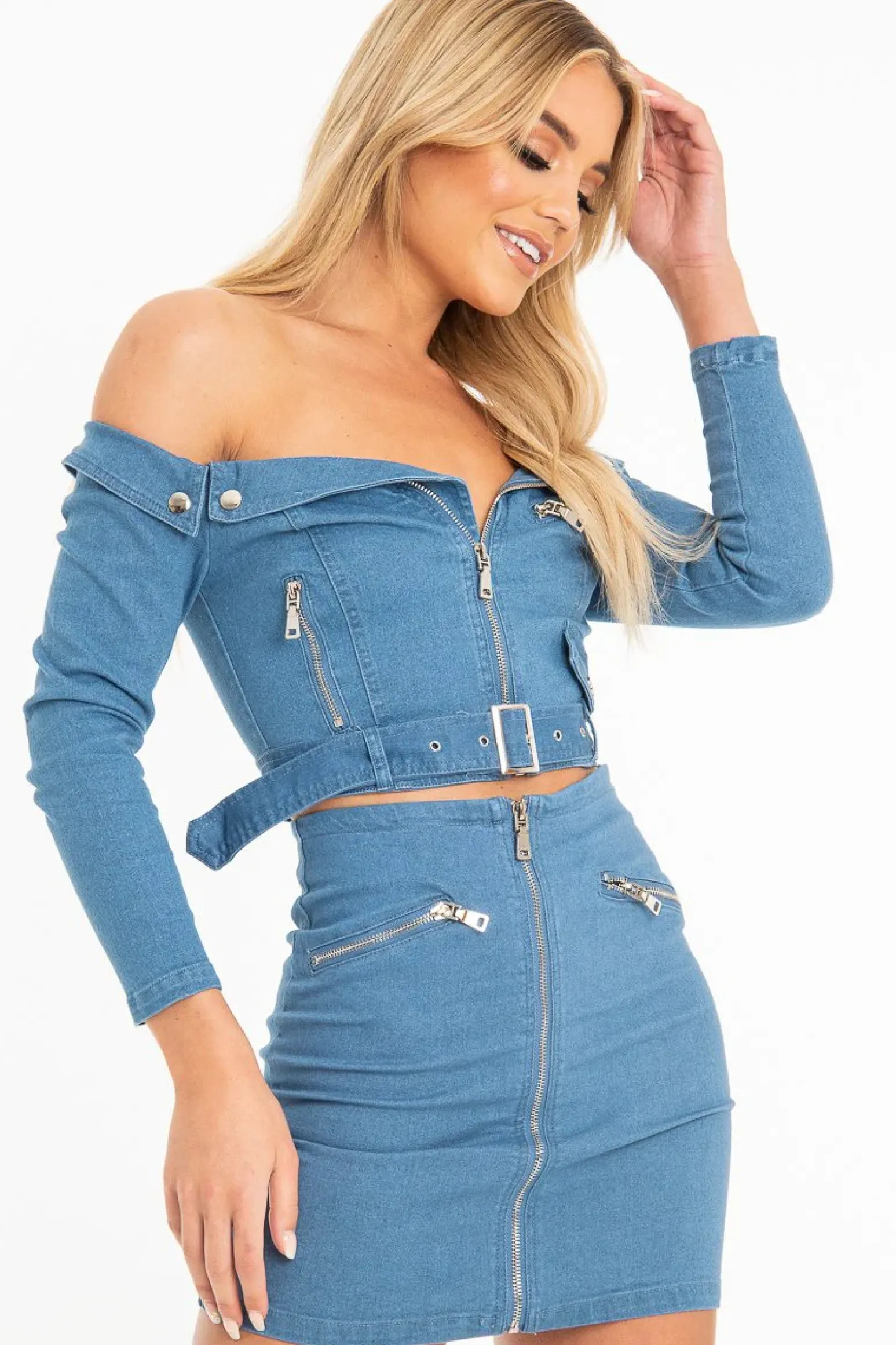 Rebellious Fashion Light Wash Denim Biker Crop Top Skirt Co-Ord - Meika