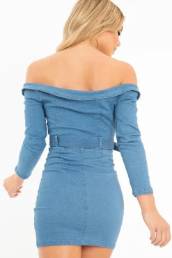 Rebellious Fashion Light Wash Denim Biker Crop Top Skirt Co-Ord - Meika