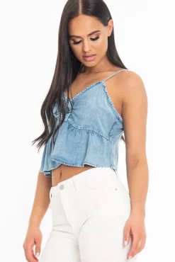 Rebellious Fashion Light Wash Denim Cami Top with Bow Front - Sadie