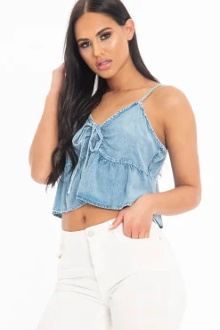 Rebellious Fashion Light Wash Denim Cami Top with Bow Front - Sadie