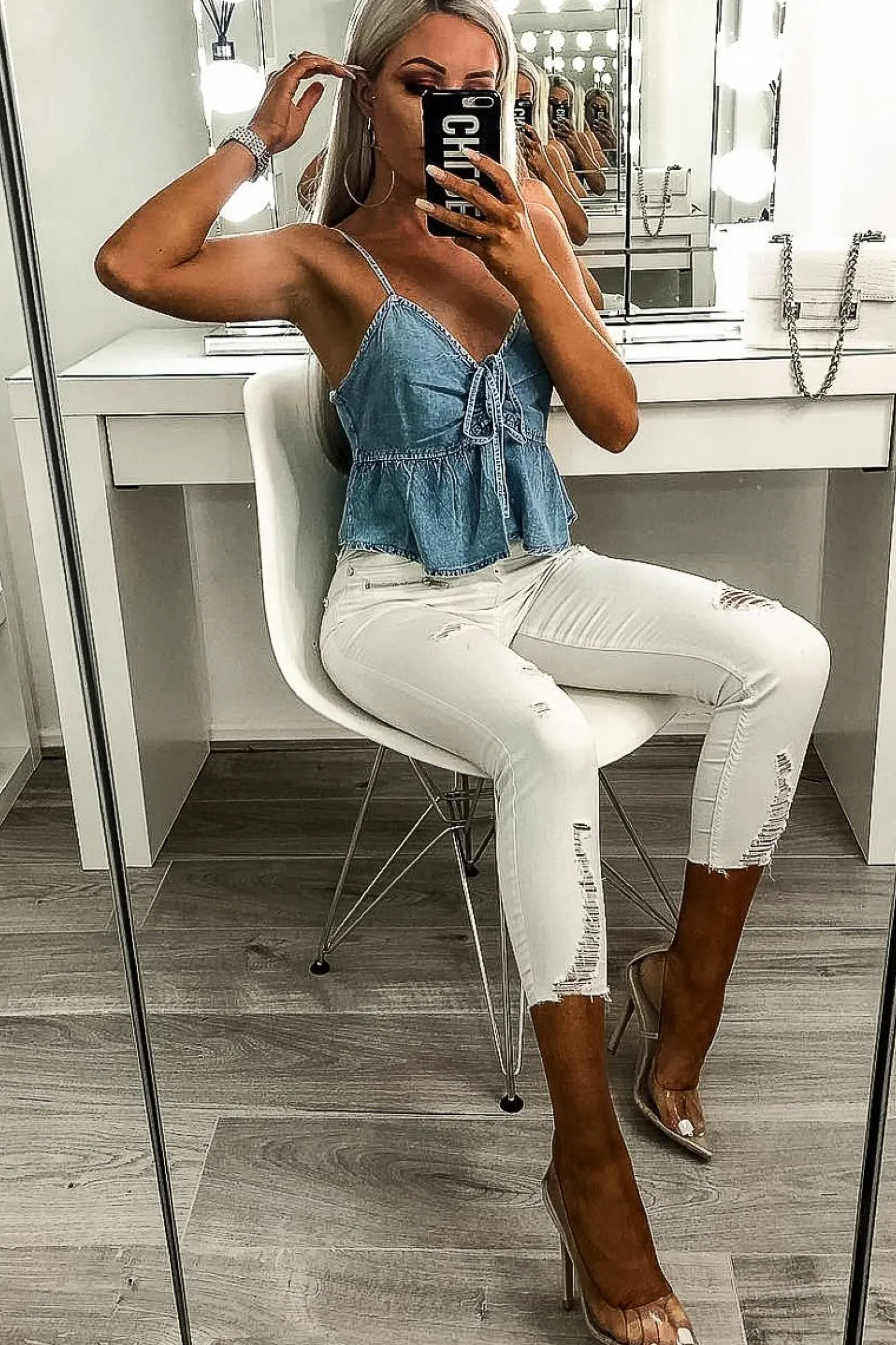 Rebellious Fashion Light Wash Denim Cami Top with Bow Front - Sadie