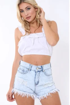 Rebellious Fashion Light Wash Denim Distressed High Waist Shorts - Lyla