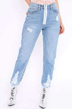 Rebellious Fashion Light Wash Denim Exposed Zip Distressed Jeans - Aralyn