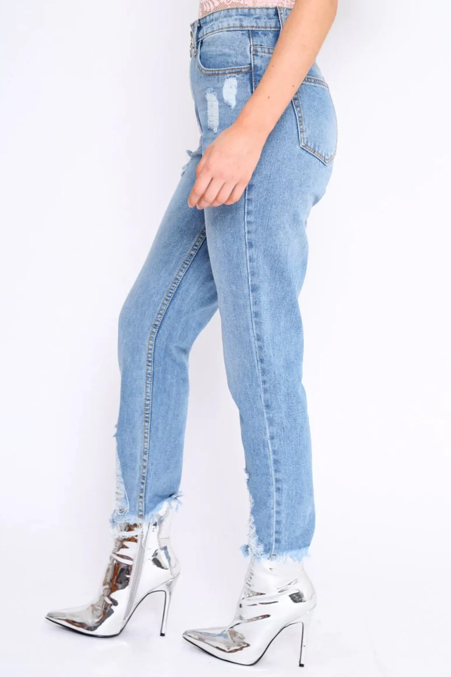 Rebellious Fashion Light Wash Denim Exposed Zip Distressed Jeans - Aralyn