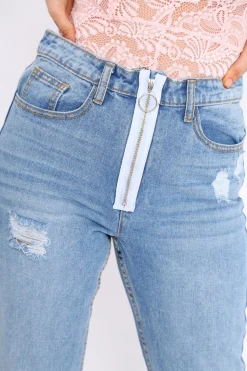 Rebellious Fashion Light Wash Denim Exposed Zip Distressed Jeans - Aralyn
