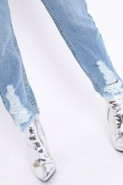 Rebellious Fashion Light Wash Denim Exposed Zip Distressed Jeans - Aralyn