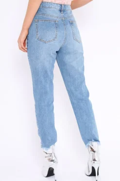Rebellious Fashion Light Wash Denim Exposed Zip Distressed Jeans - Aralyn