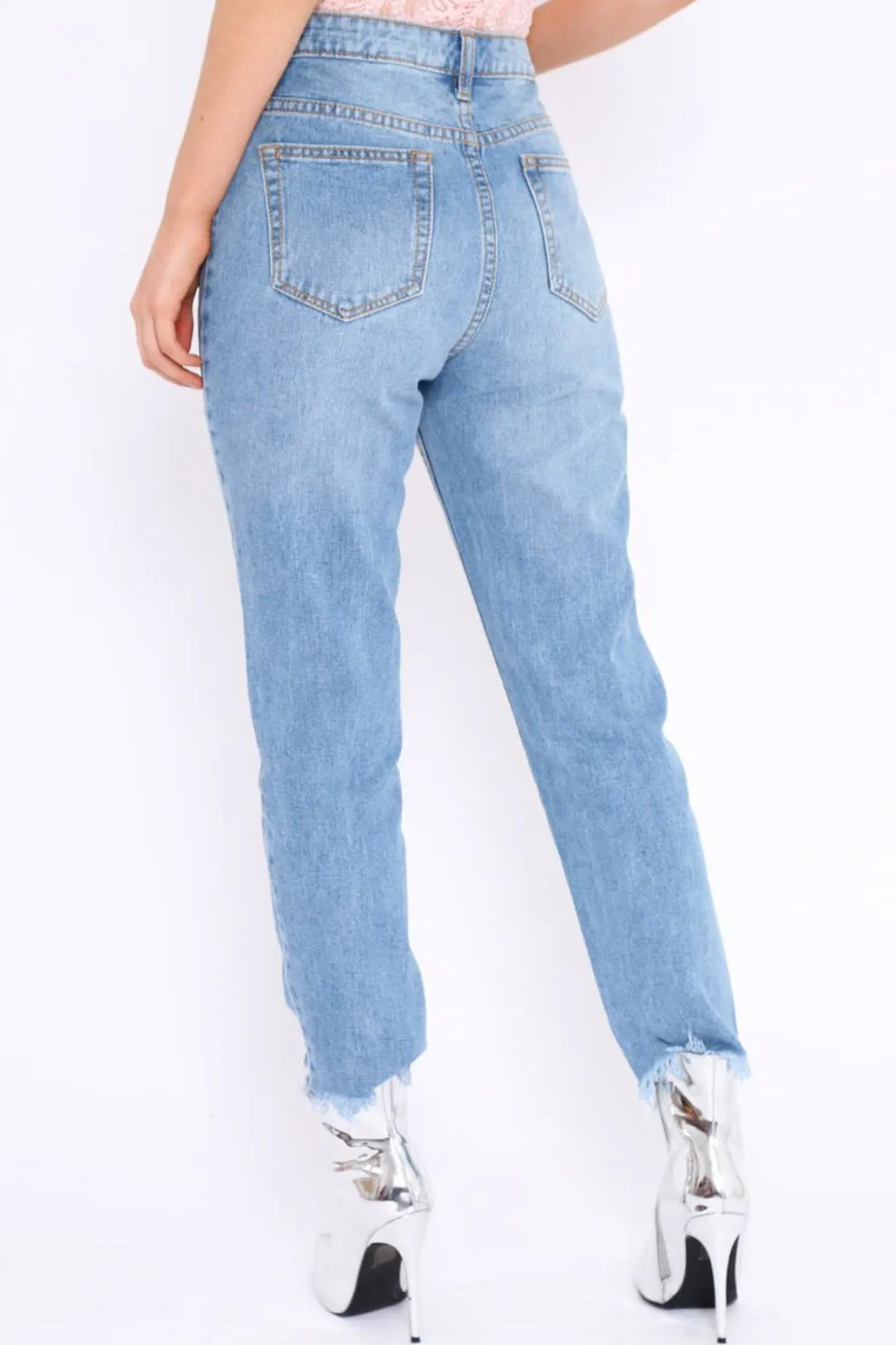 Rebellious Fashion Light Wash Denim Exposed Zip Distressed Jeans - Aralyn
