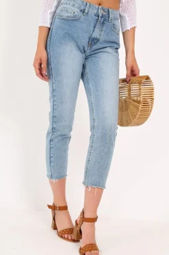 Rebellious Fashion Light Wash Denim Frayed Hem Mom Jeans - Meena