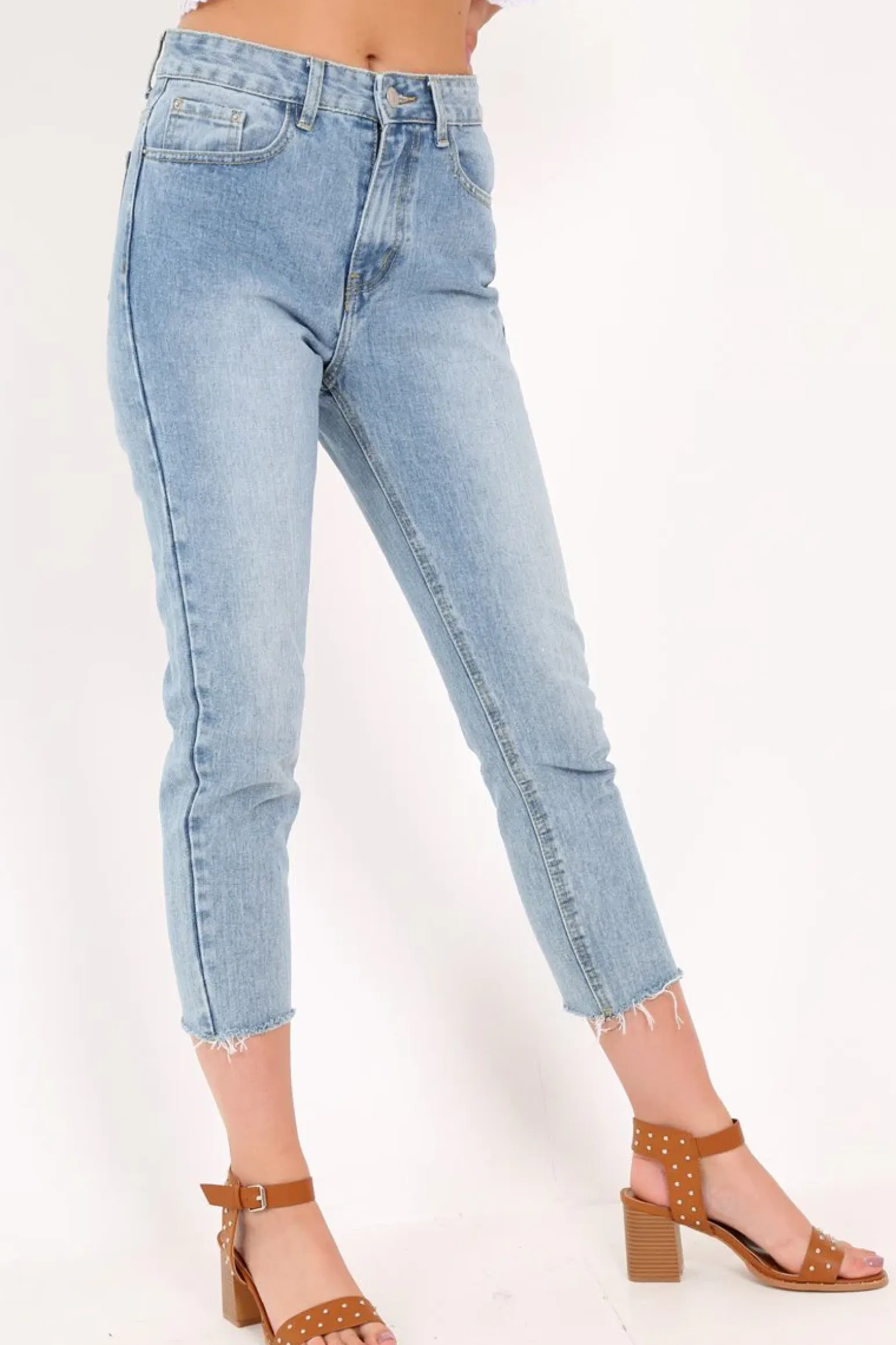 Rebellious Fashion Light Wash Denim Frayed Hem Mom Jeans - Meena