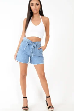 Rebellious Fashion Light Wash Denim Paper Bag Mom Shorts - Iqra