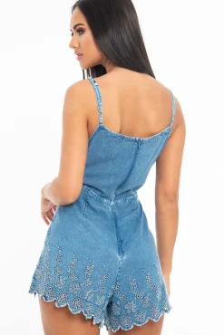 Rebellious Fashion Light Wash Denim Tie Front Broderie Detail Playsuit - Solara