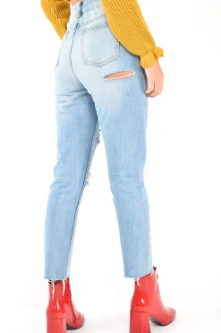 Rebellious Fashion Light Wash Distressed Bum Rip Mom Jeans - Issi